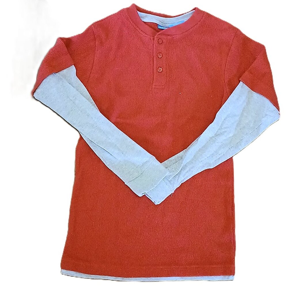 French Toast Boys Red Gray Long Sleeve Thermal Henley Shirt Youth Large